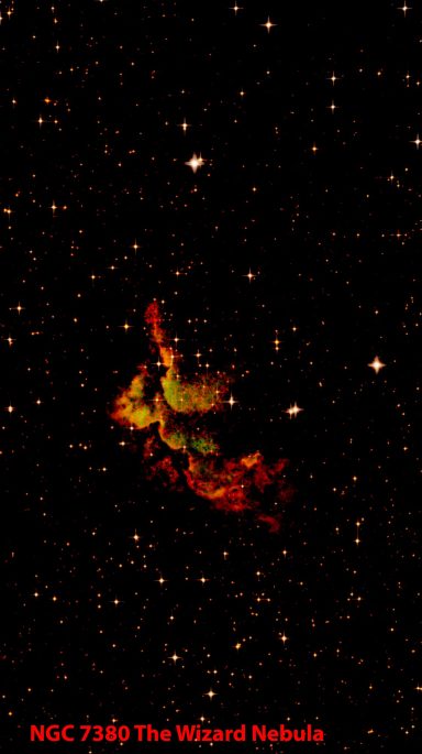 Colorful representation of the Wizard Nebula (NGC 7380) in space.