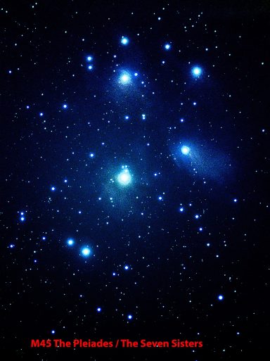 Star cluster featuring bright blue stars against a dark space backdrop, labeled "The Pleaides."